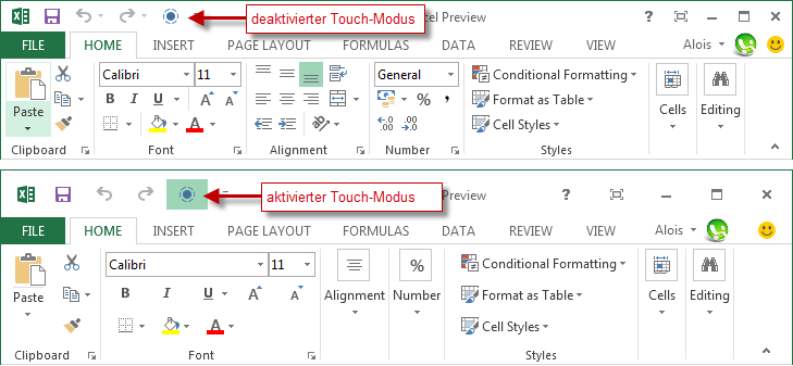Office 2013 Touch-Modus