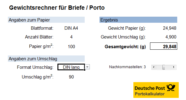 Brechnung des Gewichts und des Portos mit Excel