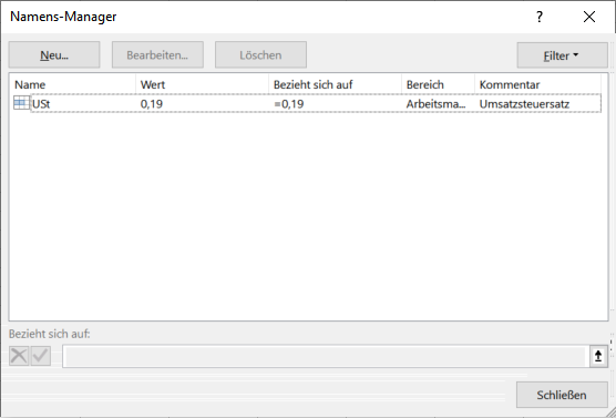 Namensmanager für Excel