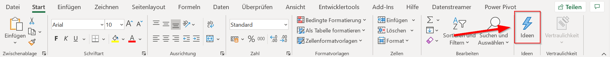 Funktion Ideen in Excel - KI - Befehl starten