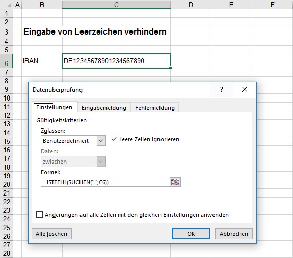 Eingabe von Leerzeichen in Zelle verhindern