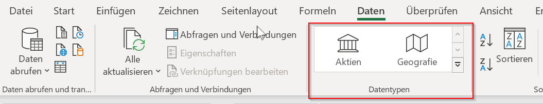 Neue Datentypen Aktien und Geographie auf der Registerkarte Daten