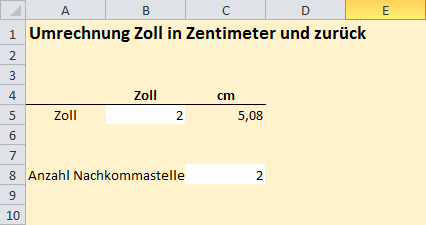 Zoll in Zentimeter Excel 