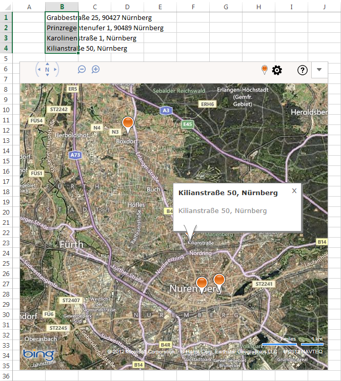 Mehrere Adressen in Bing Maps